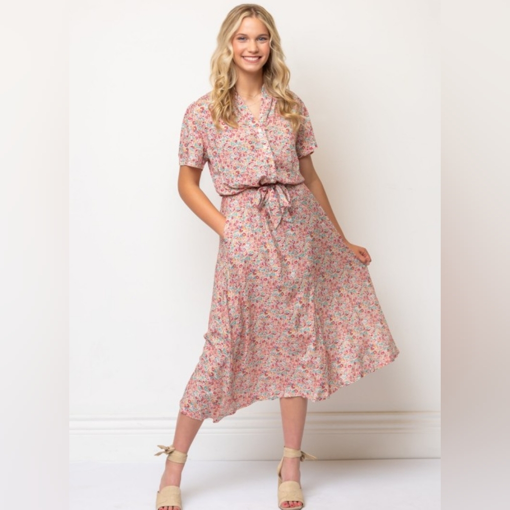 NWT - New Designer "Margaux USA" Floral Tie Waist Midi Shirt Dress - Size XL